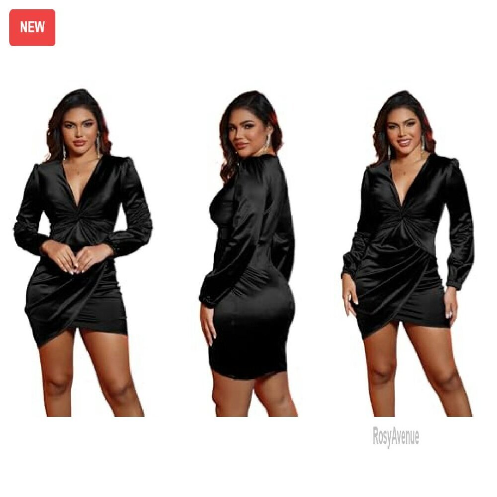 Satin Bodycon Dress with Ruched V-Neck and Irregular Hem - Picture 5 of 8